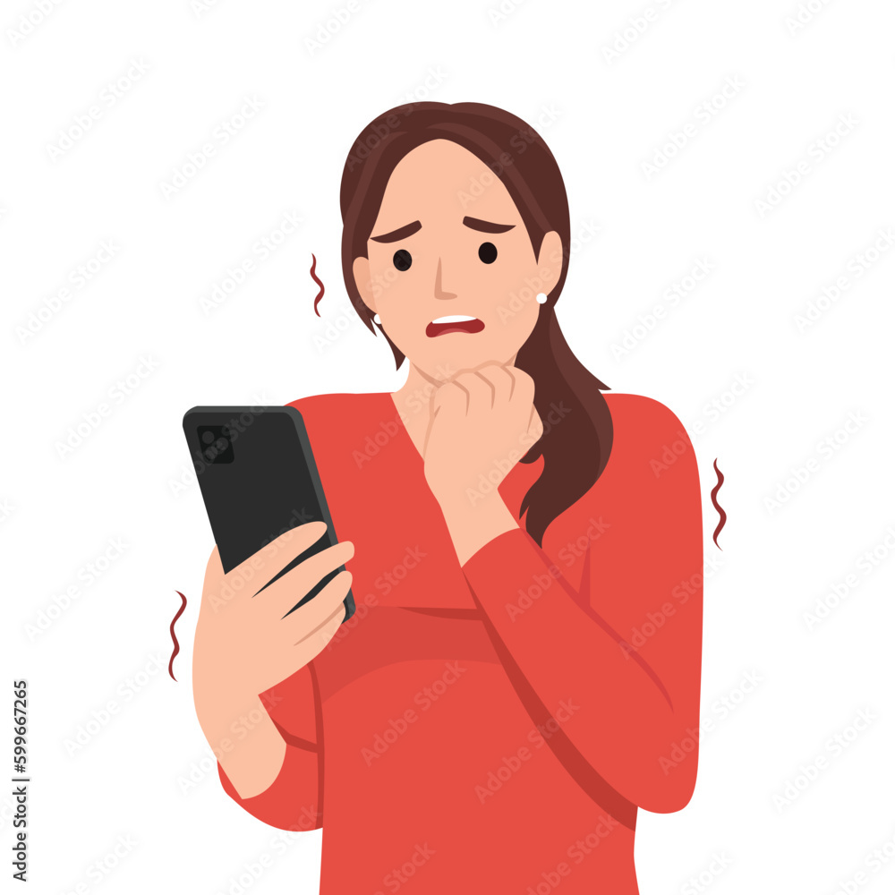 Frightened woman with phone biting nails in fear after reading bad news about approaching financial crisis. Girl with phone is afraid of threatening messages or will be on social networks. Flat vector Frightened woman with phone biting nails in fear after reading bad news about approaching financial crisis. Girl with phone is afraid of threatening messages or will be on social networks. Flat vector