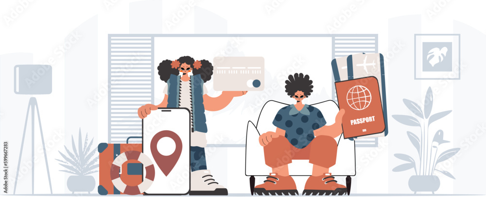 The individual and the flooding woman are going on a trip. The concept of rest and travel. Trendy style, Vector Illustration The individual and the flooding woman are going on a trip. The concept of rest and travel. Trendy style, Vector Illustration