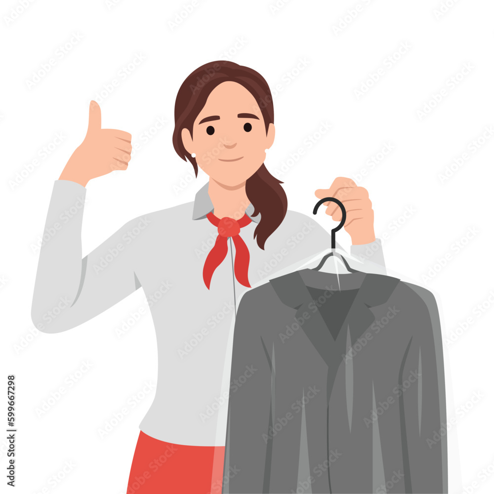 Woman employee of cleaning salon demonstrates jacket in plastic film and shows thumbs up. Girl working in cleaning salon invites people who want to clean dirty clothes with professional detergents. Woman employee of cleaning salon demonstrates jacket in plastic film and shows thumbs up. Girl working in cleaning salon invites people who want to clean dirty clothes with professional detergents.