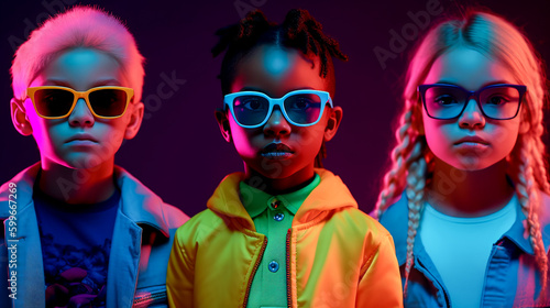 Portraits of cute funny children of various nationalities with emotions on faces in neon light. Fashionable guys in glasses. Generative AI. High quality illustration