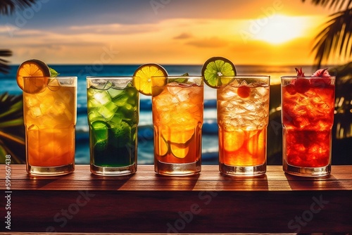 Tropical Drinks on Wooden Outdoor Beach Bar Menu. Generative ai