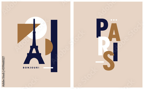 Bonjour. Simple Abstract Vector Illustration with Gold, White and Dark Royal Blue "Paris" and Eiffel Tower Symbol on a Dusty Beige Background. Modern Cityscape of Paris ideal for Poster, Wall Art.