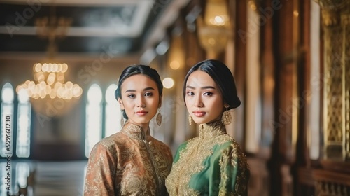 portrait of Indonesian women wearing kebaya and posing in Jakarta State Palace, Generative AI