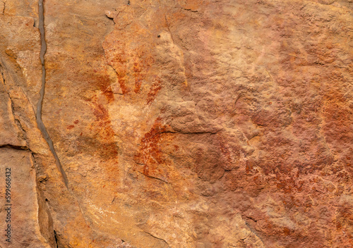 Handprint in Ancient rock art at Burrungui or Burrungkuy  Nourlangie   Arnhem Land Escarpment  Kakadu National Park  Northern Territory  Australia