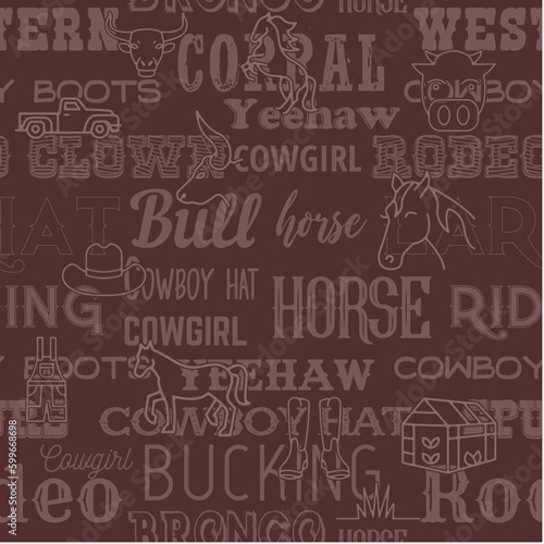 Rodeo vocabulary is seamless. Artwork design, illustration tone one tone, printing, poster, wild west style, American western.
