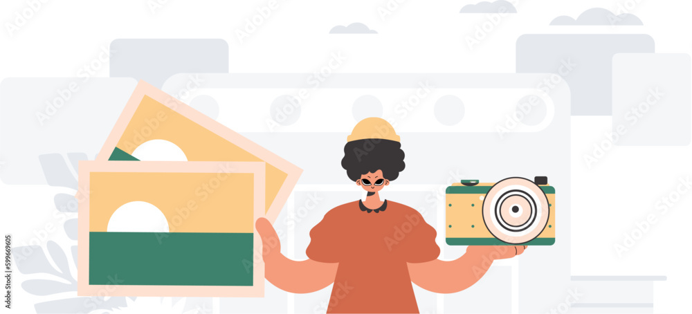 The person holds a camera and photographs in his hands. The concept of rest and travel. Trendy style, Vector Illustration The person holds a camera and photographs in his hands. The concept of rest and travel. Trendy style, Vector Illustration