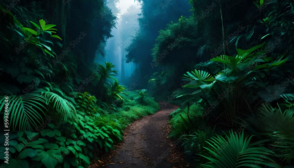 Tropical dark trend jungle with little road, leaves, fog and big trees. Dramatic morning scene Tropical dark trend jungle with little road, leaves, fog and big trees. Dramatic morning scene