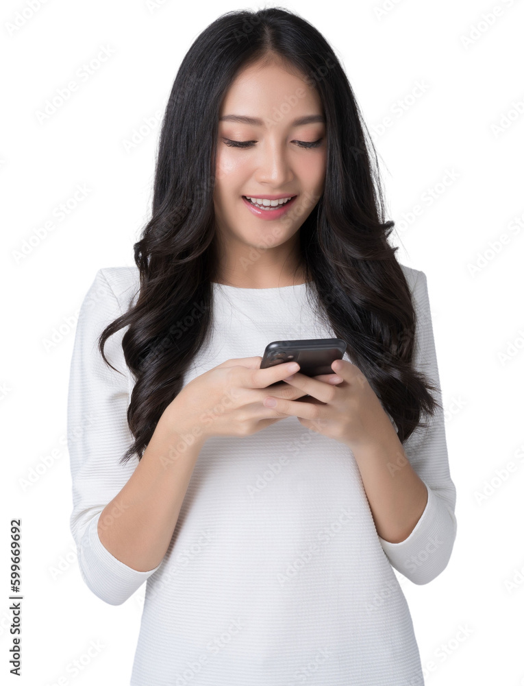 Young Asian woman texting message using mobile phone application on Isolate die cut on transparent background Young Asian woman texting message using mobile phone application on Isolate die cut on transparent background