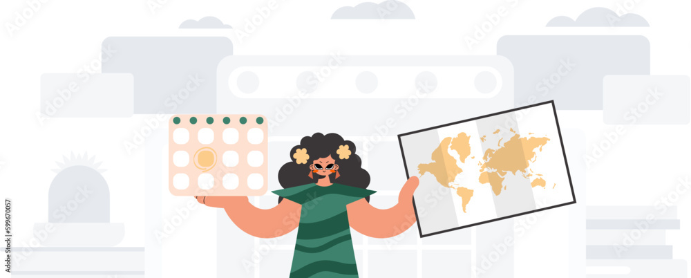 The youthful woman holds a calendar and a diagram of the world in his hands. The concept of rest and travel. Trendy style, Vector Illustration The youthful woman holds a calendar and a diagram of the world in his hands. The concept of rest and travel. Trendy style, Vector Illustration