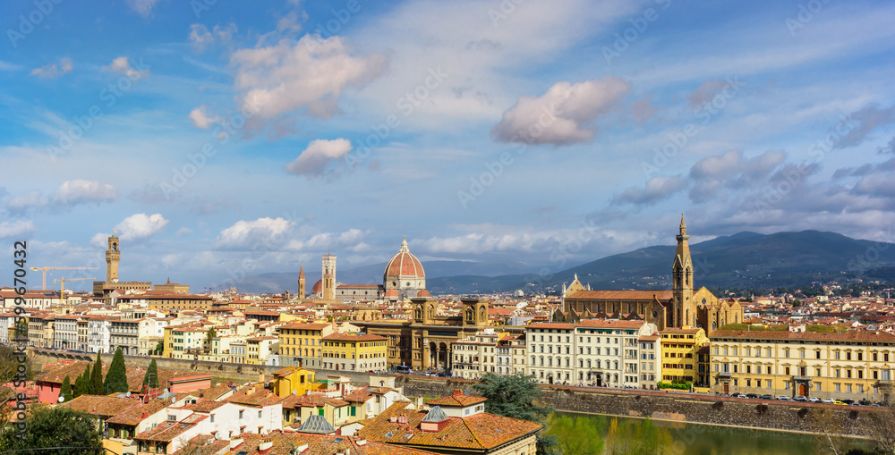 Panoramic view of old town of Florence with Dome of Florence Duomo or Basilica di Santa Maria del Fiore cathedral, Tuscany. Italy in a beautiful summer day