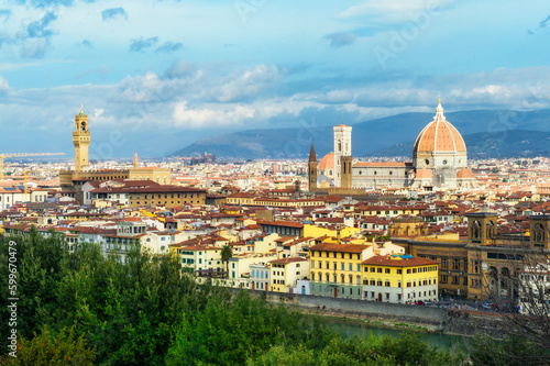 Panoramic view of old town of Florence with Dome of Florence Duomo or Basilica di Santa Maria del Fiore cathedral  Tuscany. Italy in a beautiful summer day