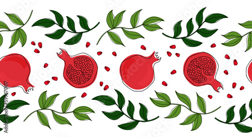 Horizontal pattern with pomegranate and branches with leaves. Summer pattern with fruit and greenery. Doodle style vector image