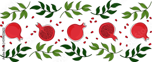 Illustration with pomegranate, branches and leaves. Vector image in doodle style