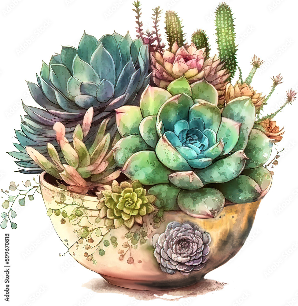 Watercolor succulent plant in pot isolated on white background. Hand drawn illustration Watercolor succulent plant in pot isolated on white background. Hand drawn illustration