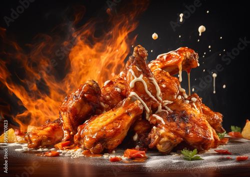 Tela hot wings front of the flames award winning food photograph, Generative Ai