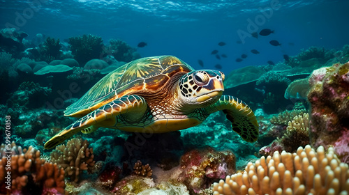 Beautiful Underwater Postcard. Closeup sea Turtle Floating Up And Over Coral reef. Sea turtle in wild nature habitat. The concept of the underwater world and diving. Generative ai