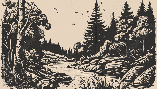 Mountain and forest with river landscape background scene. Can be used for graphic design or decoration. Graphic Art Vector