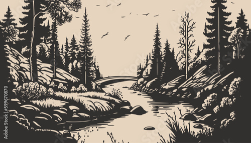 Mountain and forest with river landscape background scene. Can be used for graphic design or decoration. Graphic Art Vector