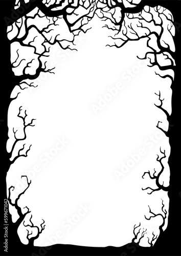 Background with black silhouettes of trees and branches. Vector poster illustration