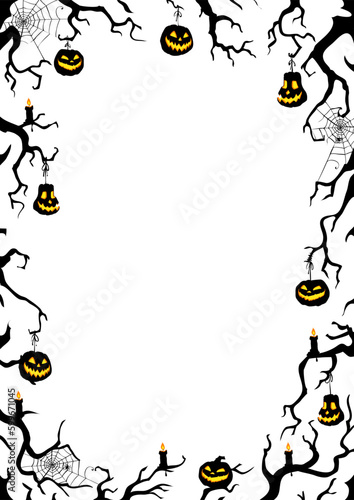Halloween night frame with branches and Jack O' Lanterns. Vector poster illustration.