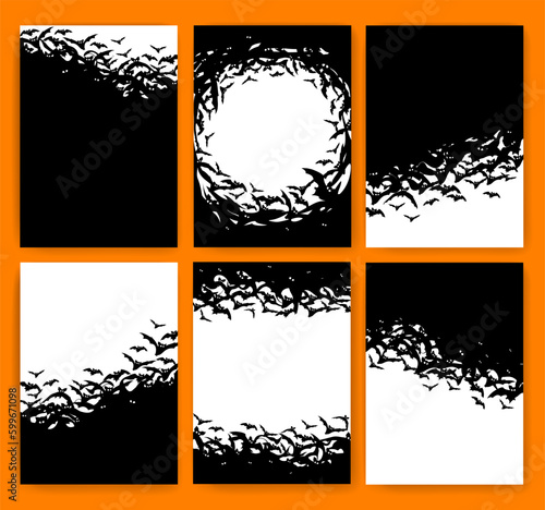 Black silhouette a flock of flying bats isolated on white background. Halloween poster set.
