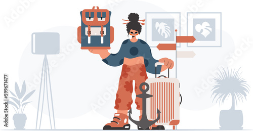 ﻿The enthusiastic lady is holding a travel rucksack and a loot. The concept of rest and travel. Trendy style, Vector Illustration