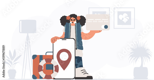 ﻿The enthusiastic woman is holding a bank card and a phone with a region. The concept of rest and travel. Trendy style, Vector Illustration