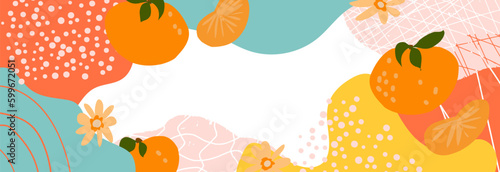 Vector frame with flat tangerines and abstract elements. Hand colored background	
