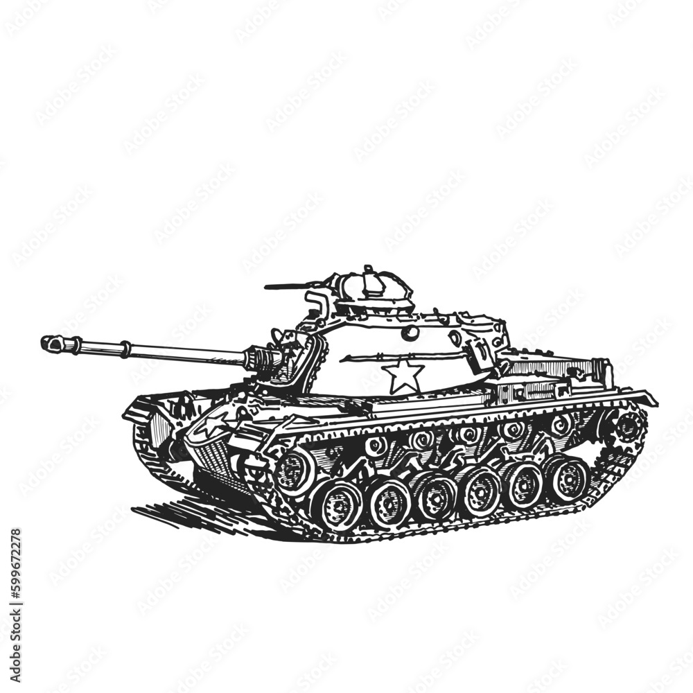 M 48 tank. Military vehicle. Hand drawing.