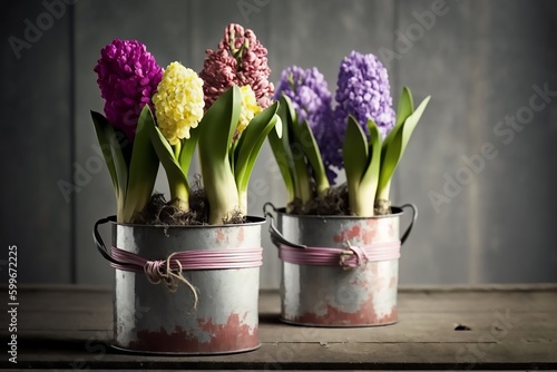 On the wooden table there are two old iron multicolored pots with a variety of flowering hyacinths Generative AI