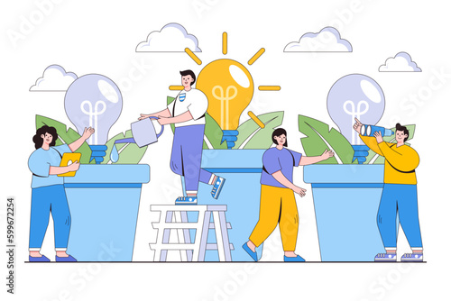 Idea of project activity concept. Business people grow potted plants for the birth of a creative idea. Outline design style minimal vector illustration for landing page, web banner, infographics