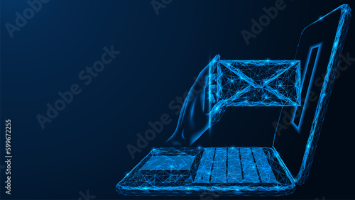 Email, a hand inserts an envelope with a letter into the laptop screen. Polygonal design of interconnected lines and points. Blue background.