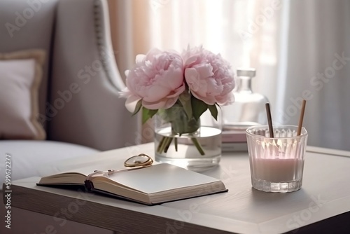 Notebook mock-up still life scene. Glass vase with pink peonies bouquet, books, and cup of coffee on wooden table. Elegant feminine working space, home office concept. Living room interior design