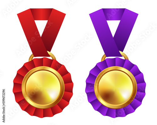 Golden medal. Set of golden medals with red and violet ribbons. Vector clipart isolated on white background.