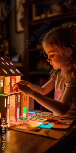 Fun and Creative: Little Girl Makes a Dreamy Cardboard Doll House, generative ai