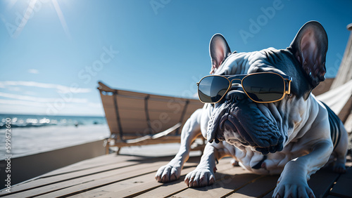French bulldog dog with sunglasses sunbathing and sleeping on sun lounger. summer and vacation concepts.  Generative AI 