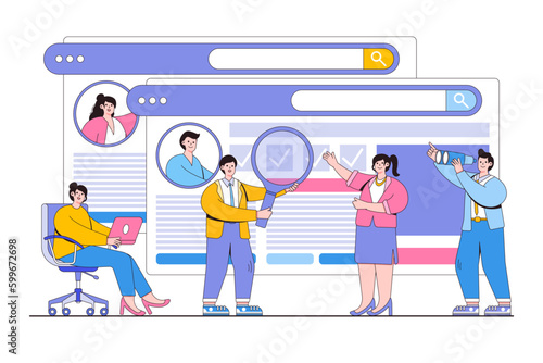 Hiring employees online concept with business people filling out resumes or form. Outline design style minimal vector illustration for landing page, web banner, infographics, hero images