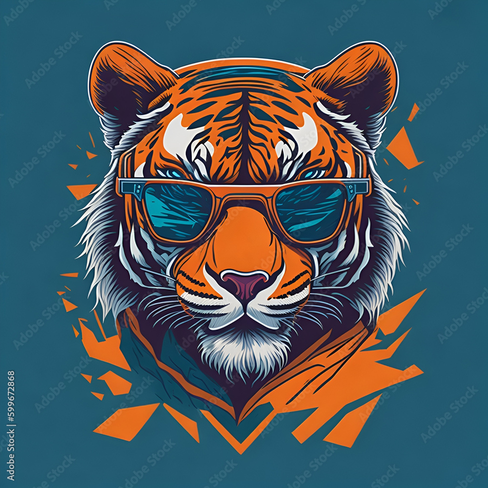 Artwork of t-shirt graphic design, flat illustration of one retro aggressive tiger, wearing a sunglasses Artwork of t-shirt graphic design, flat illustration of one retro aggressive tiger, wearing a sunglasses