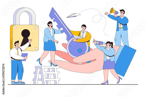 Creative idea key to success concept with business people characters. Outline design style minimal vector illustration for landing page, web banner, infographics, hero images