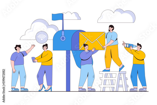 Mailbox letters, receiving and sorting letters,web mail or mobile service concept with people character. Outline design style minimal vector illustration for landing page, web banner, infographics