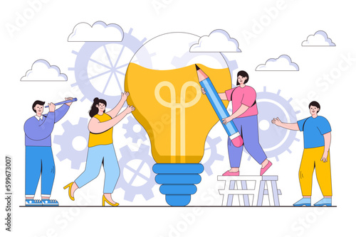 Business brainstorming concept with people character fill the idea in the form of light bulb. Outline design style minimal vector illustration for landing page, web banner, infographics, hero images