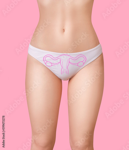 Woman body with sketch of female reproductive system.