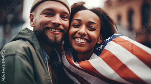 Photorealistic portrait of laughing couple holding national American flag, generative AI