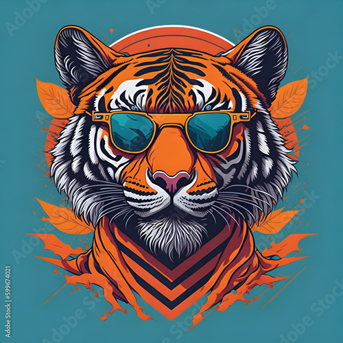 Artwork of t-shirt graphic design, flat illustration of one retro aggressive tiger, wearing a sunglasses