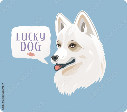 Happy dog, portrait of a joyful puppy, white color, (presumably a spitz breed) vector illustration.