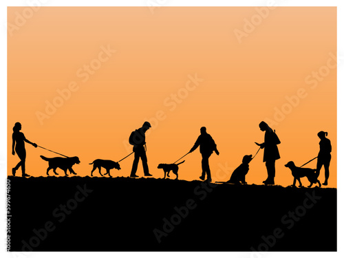 people with dogs silhouettes. people walking with dogs side view vector illustration. Vector silhouettes collection of people walks with dogs on white background.