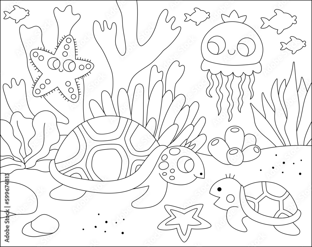 Vector black and white under the sea landscape illustration with tortoise and baby. Ocean life line scene with sand, seaweeds, corals, reefs. Cute horizontal water nature background, coloring page. Vector black and white under the sea landscape illustration with tortoise and baby. Ocean life line scene with sand, seaweeds, corals, reefs. Cute horizontal water nature background, coloring page.