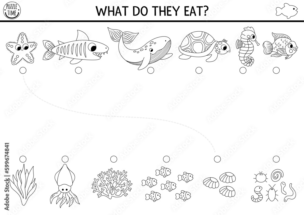 Vektorová grafika „Under the sea black and white matching activity with ...