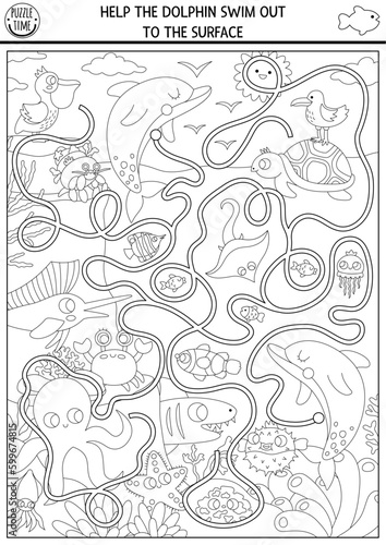 Under the sea black and white maze for kids with marine landscape, fish, pelican, octopus. Ocean line preschool activity. Water labyrinth gam, coloring page. Help dolphin swim out to surface.