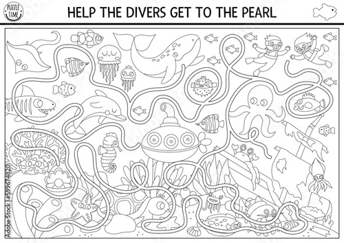 Under the sea black and white maze with marine landscape, wrecked ship, fish. Ocean line preschool activity with dolphin, whale. Water labyrinth game, coloring page. Help divers get to pearl.